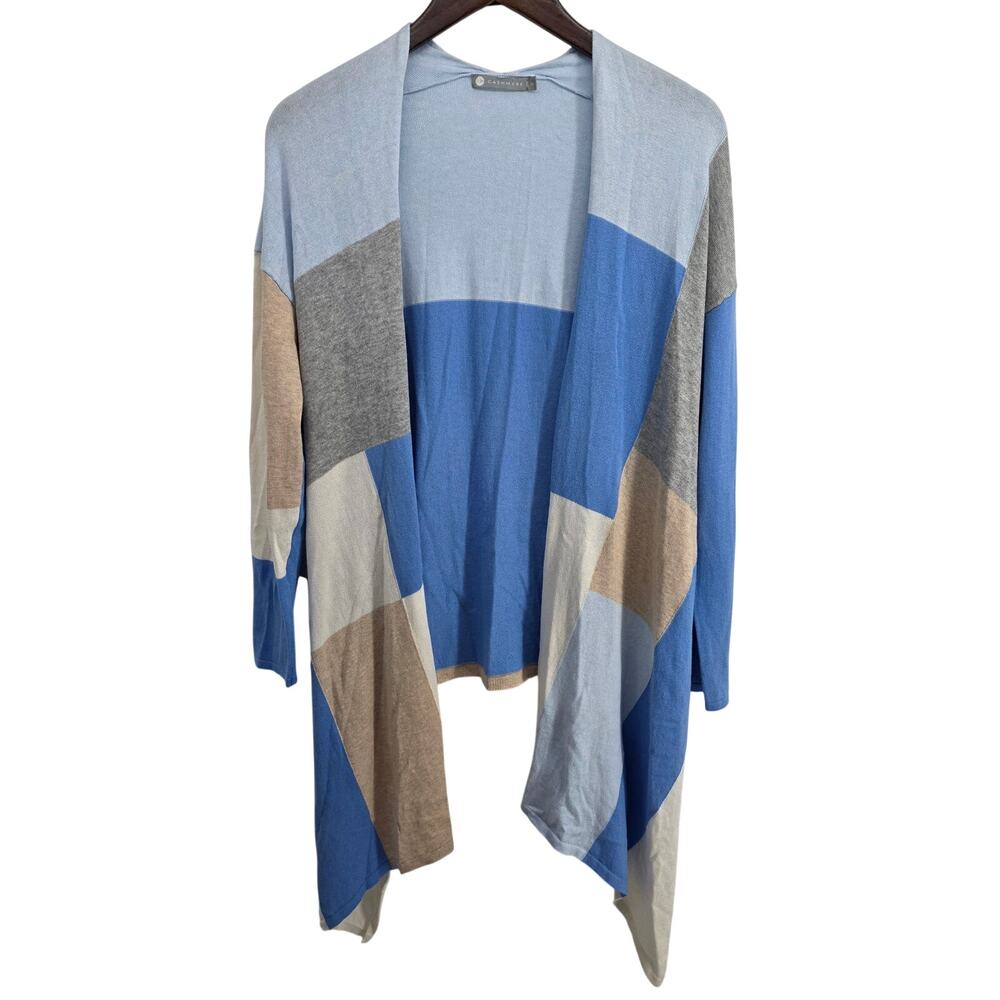 In Cashmere Colorblock Blue Gray Tan Cotton Cashmere Blend Cardigan Size Medium